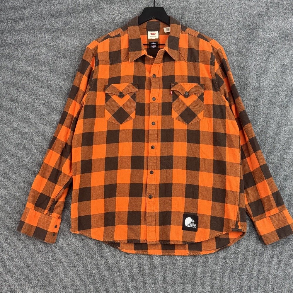 Levi's NFL Shirt Mens L Orange Cleveland Browns Buffalo Plaid Flannel Snap West
